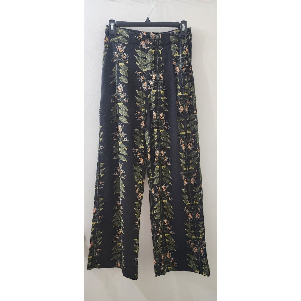 TopMark Womens XS Black Botanical Leaf Print Wide Leg High Rise Pleated Pants